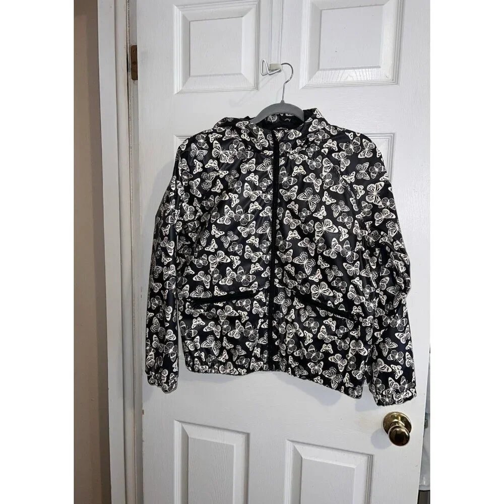 ART CLASS Black Hooded Butterflies Print Rain Jacket Sz 18 Girls Full Zip